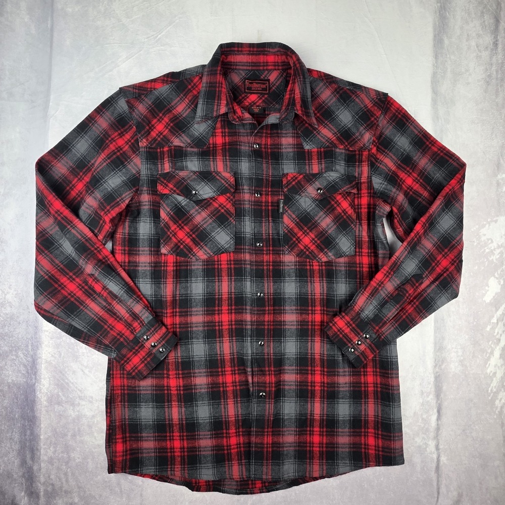 Five Brother Flannel Shirt Large‎ Black Red Plaid Pearl Snap Heavyweight Thick